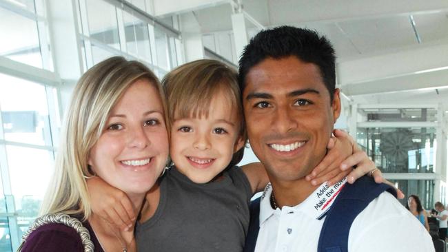 Adelaide United’s Cassio with son Bernardo Oliveira when he was four and wife Juliana leaving for an AFC Champions League game in China in 2008.