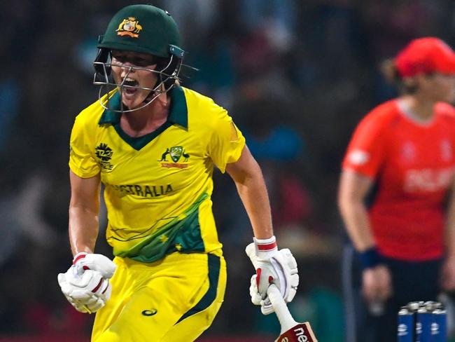 Lanning celebrates the Women's World T20 win last year. Picture: Randy Brooks/AFP