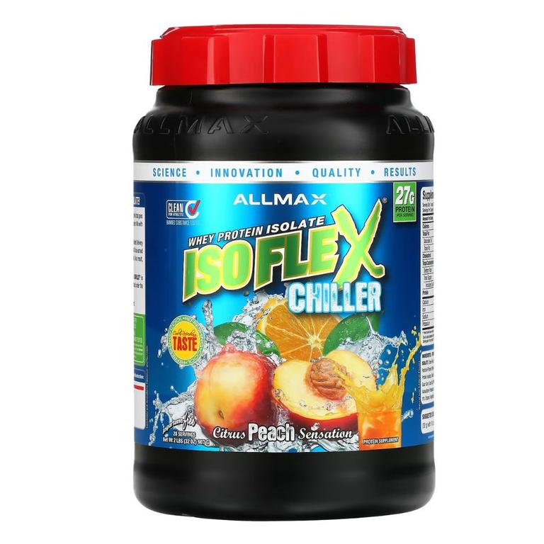 ALLMAX Isoflex Chiller Whey Protein Isolate Citrus Peach Sensation. Image: iHerb