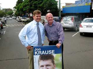 Liberal National Party leader Campbell Newman with Boonah LNP candidate Jon Krause in the main street of Boonah yesterday. . Picture: Geoff Egan