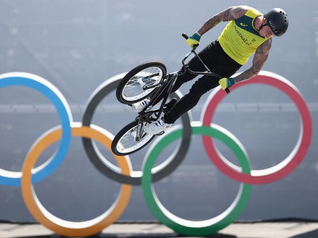 Logan Martin takes to the air in practice ahead of the Freestyle BMX Olympic debut.