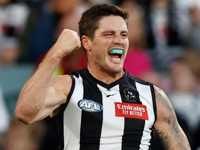 ADELAIDE, AUSTRALIA - APRIL 07: Jack Crisp of the Magpies celebrates a goal during the 2024 AFL Round 04 match between the Collingwood Magpies and the Hawthorn Hawks at Adelaide Oval on April 07, 2024 in Adelaide, Australia. (Photo by Michael Willson/AFL Photos via Getty Images)