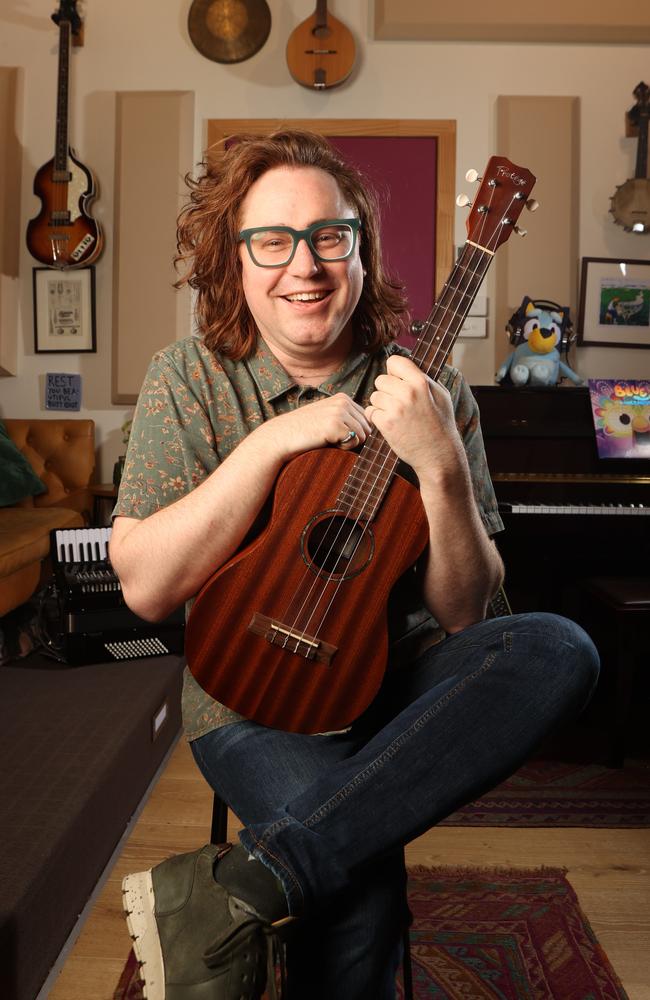 Joff Bush in his studio, the lead composer of Bluey, South Brisbane. Picture: Liam Kidston.