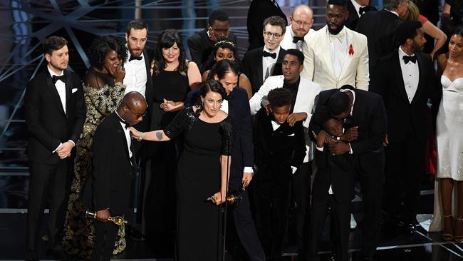 The cast and crew of Moonlight onstage. Picture: Getty