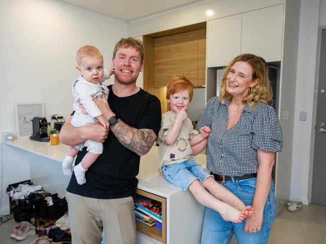 Daily Telegraph. 23, August, 2024.Laura Adams and Bernard Baird, with their children, Jax, 7 months, and Harlow, 3, in Pagewood today.They have recently purchased a property and was were able to purchase a property they fell in love with.Picture: Justin Lloyd.