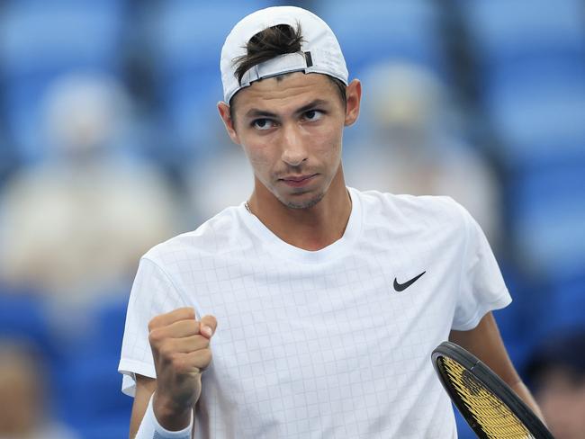 SYDNEY, AUSTRALIA - JANUARY 11: Alexei Popyrin of Australia wins a point in his match against Pedro Martinez of Spain during day three of the Sydney Tennis Classic at Sydney Olympic Park Tennis Centre on January 11, 2022 in Sydney, Australia. (Photo by Mark Evans/Getty Images)