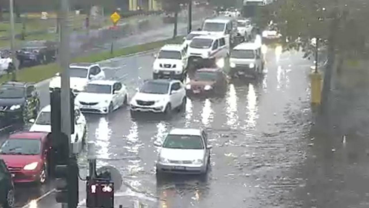 Flooding has caused traffic delays in Melbourne, with Ballarat Road, Ravenhall blocked near Caroline Springs Boulevard. Picture: Department of Transport