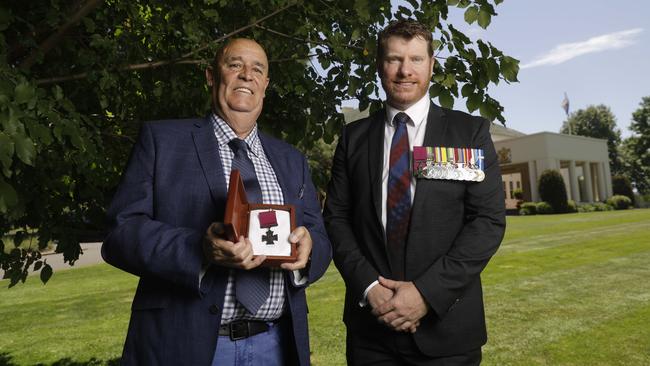 Garry Ivory — the nephew of Teddy Sheean — with fellow VC recipient Daniel Keighran, right. Picture: Sean Davey