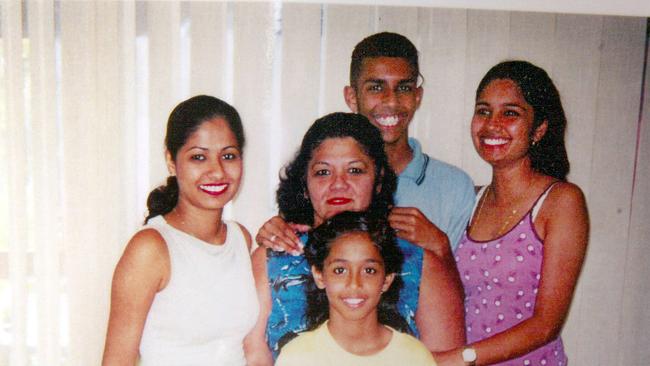 Shirley Singh with her children (L-R) Sonia Pathik and murdered children Sidhi, Kunal and Neelma at her Bridgeman Downs home.