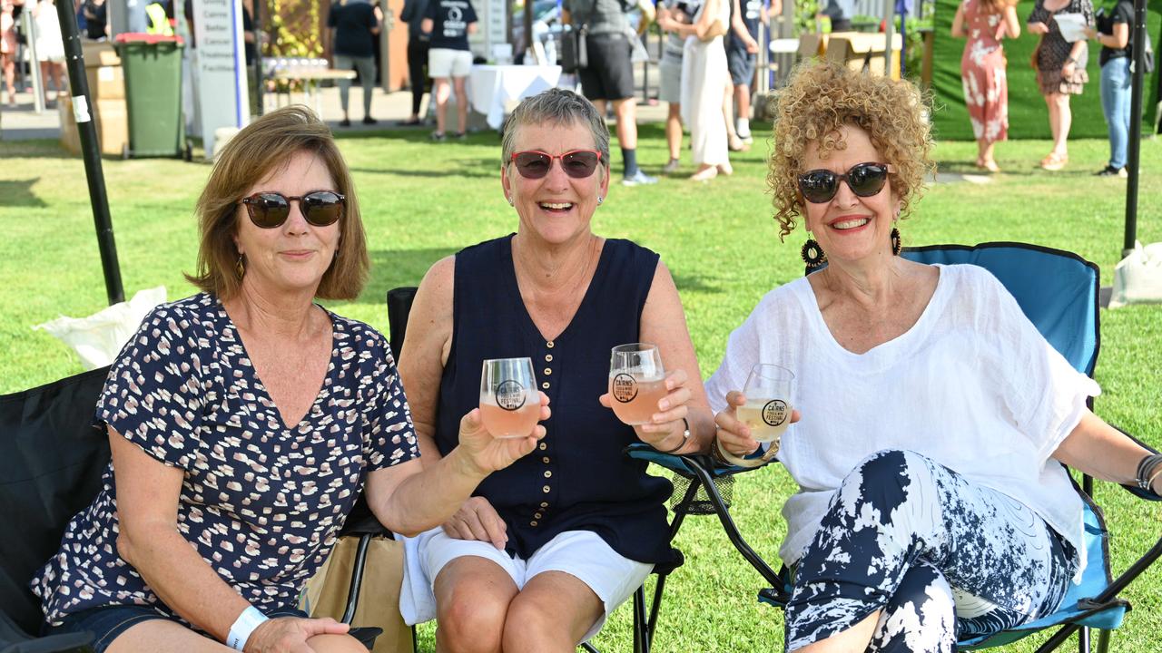 Marlene Biddle, Dianne Tobias and Karen Mitchell enjoying the sunshine and atmosphere at the Cairns Food and Wine Festival on Saturday. Picture: Emily Barker