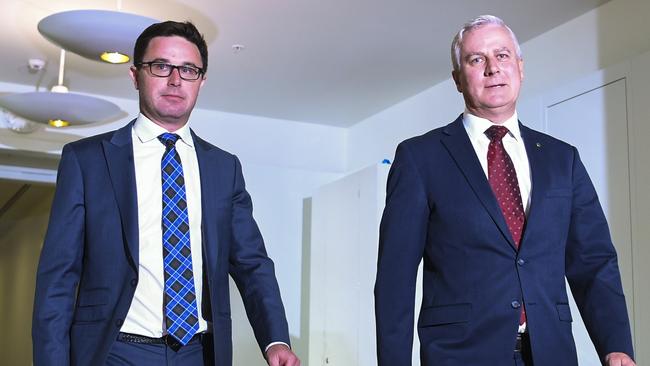 New Nats deputy David Littleproud with re-elected leader Michael McCormack. Picture: AAP