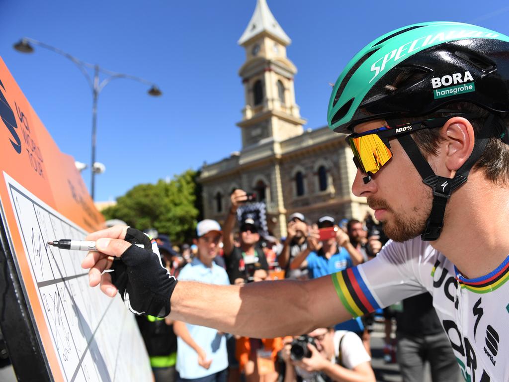 World Champion Slovakian cyclist Peter Sagan of team Bora-Hansgrohe signs on. Picture: Dan Peled/AAP