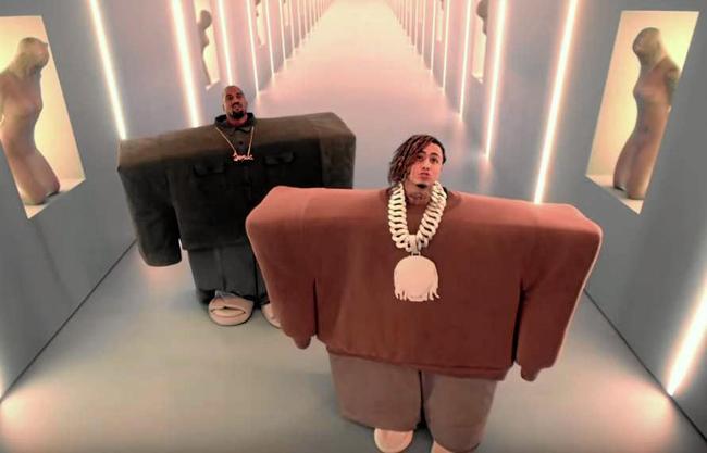 Kanye West and Lil Pump (right) in a scene from the music video for I Love It. Picture: YouTube