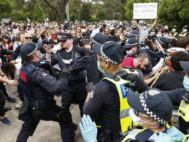 Protesters clashed with police at another anti-lockdown rally at the Shrine of Remembrance on October 24. Picture: Daniel Pockett/NCA NewsWire