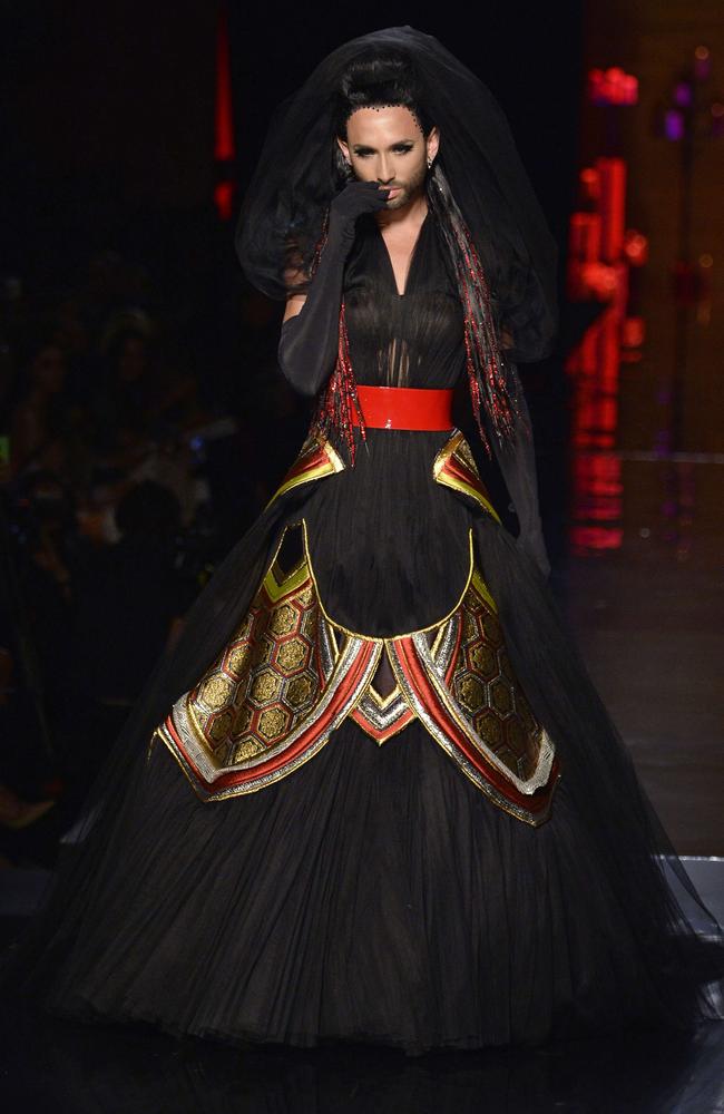 Conchita Wurst on the PFW runway for Jean Paul Gaultier. Picture: MIGUEL MEDINA