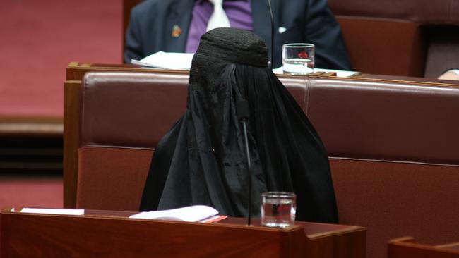 Senator Pauline Hanson wearing a burqa in the Senate. Picture: Gary Ramage.