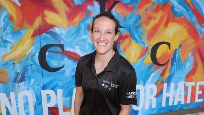 Megan Schutt at Kenilworth Cricket Club in Eastwood which commissioned a mural based on her tattoo: No Place for Hate. Picture: AAP PHOTO/RUSSELL MILLARD