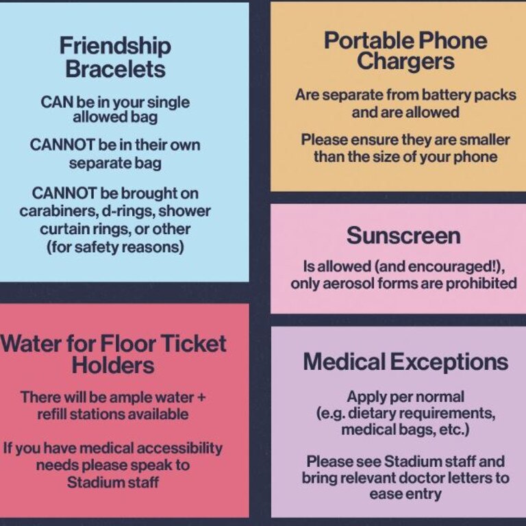 Frontier Touring has back-pedalled on friendship bracelet rules at the upcoming Taylor Swift concerts. After initially ruling people were not allowed to carry friendship bracelets in their bags due to “safety reasons”, the company has relaxed the rules following fan uproar. Picture: Supplied