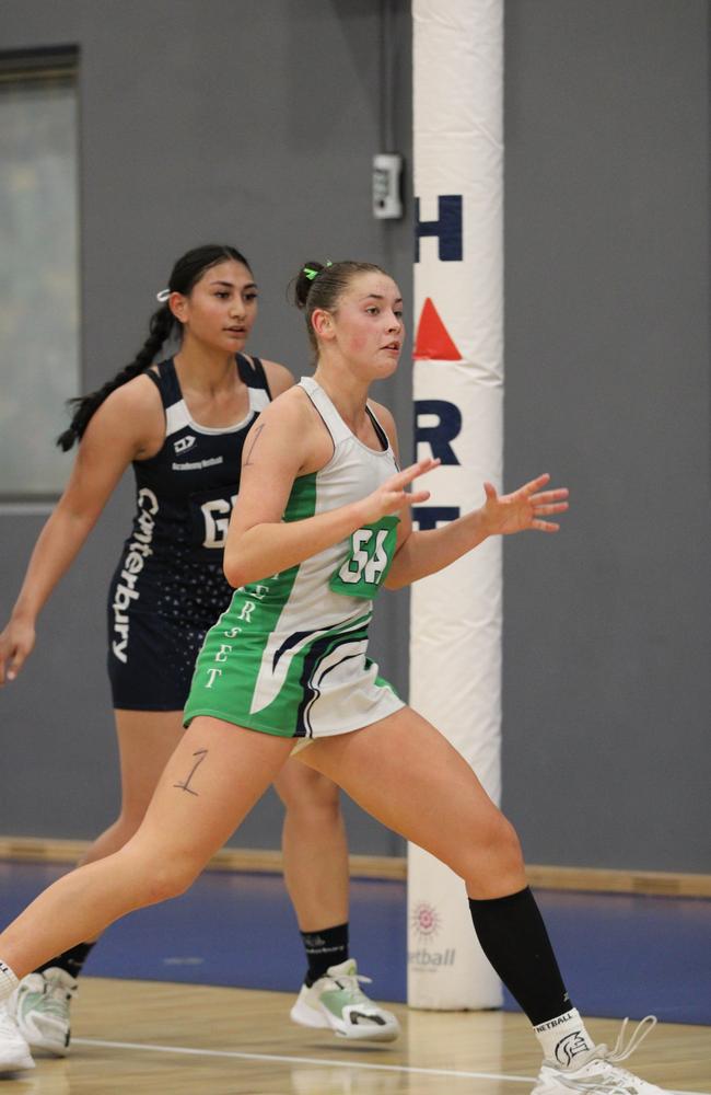 QISSN 2024 division one grand final - Canterbury College v Somerset College. Pictured: GA Marley Burns and GK Kaitlyn Iva
