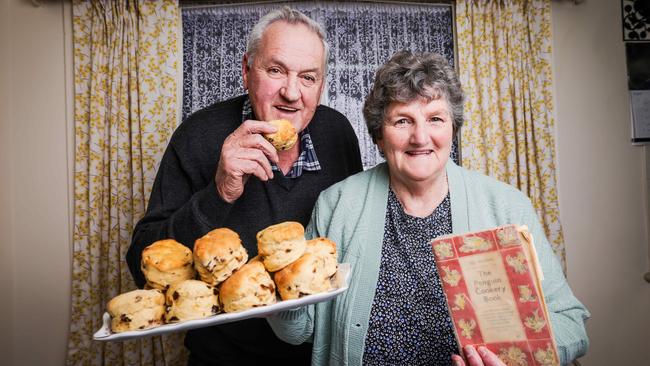 Alice Hirst will be aiming to win her 100th “big ribbon” for baking and preserves at the Melbourne Royal Show. Her husband, Eric, is also a scone making champion. Picture: Nicole Cleary