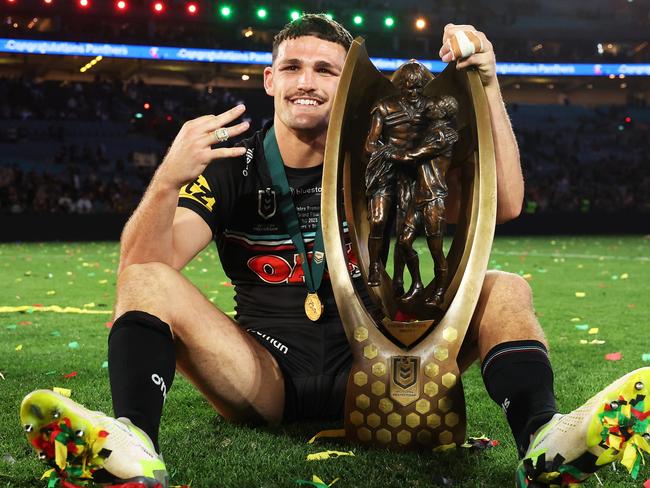 SYDNEY, AUSTRALIA - OCTOBER 01:  Nathan Cleary of the Panthers poses with the Provan-Summons Trophy after winning the 2023 NRL Grand Final match between Penrith Panthers and Brisbane Broncos at Accor Stadium on October 01, 2023 in Sydney, Australia. (Photo by Matt King/Getty Images)