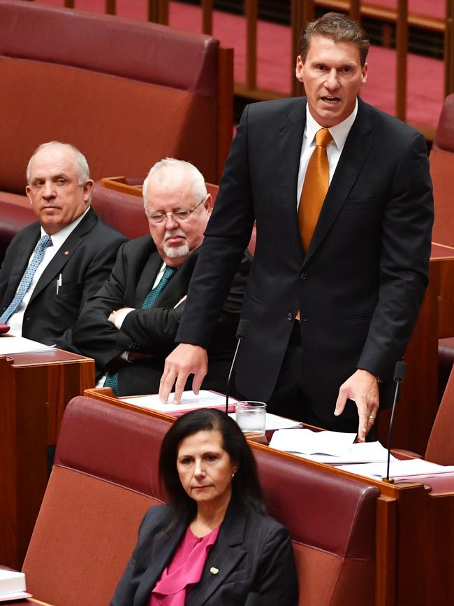 Senator Cory Bernardi announces in the Senate his decision to quit the Liberals and sit as a crossbencher. Picture: AAP