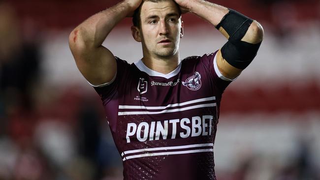 SYDNEY, AUSTRALIA - JUNE 17: Lachlan Croker of the Sea Eagles looks dejected after losing the round 15 NRL match between the Manly Sea Eagles and the North Queensland Cowboys at 4 Pines Park, on June 17, 2022, in Sydney, Australia. (Photo by Cameron Spencer/Getty Images)