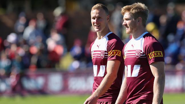 Daly Cherry-Evans and Tom Dearden together as the Queensland Origin team hold a training session and fan day at Toowoomba ahead of game 2 in Melbourne. Pics Adam Head