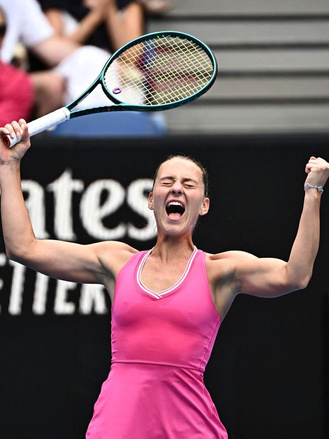 Ukraine's Marta Kostyuk celebrates after victory. Picture: AFP