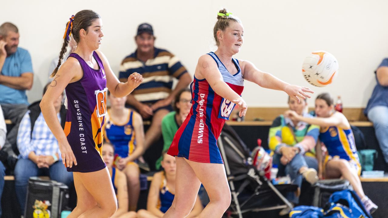 Evie Stower for Darling Downs against Sunshine Coast in Queensland School Sport 13-15 Years Girls Netball championships at The clive Berghofer Sports centre, The Glennie School, Friday, May 6, 2022. Picture: Kevin Farmer