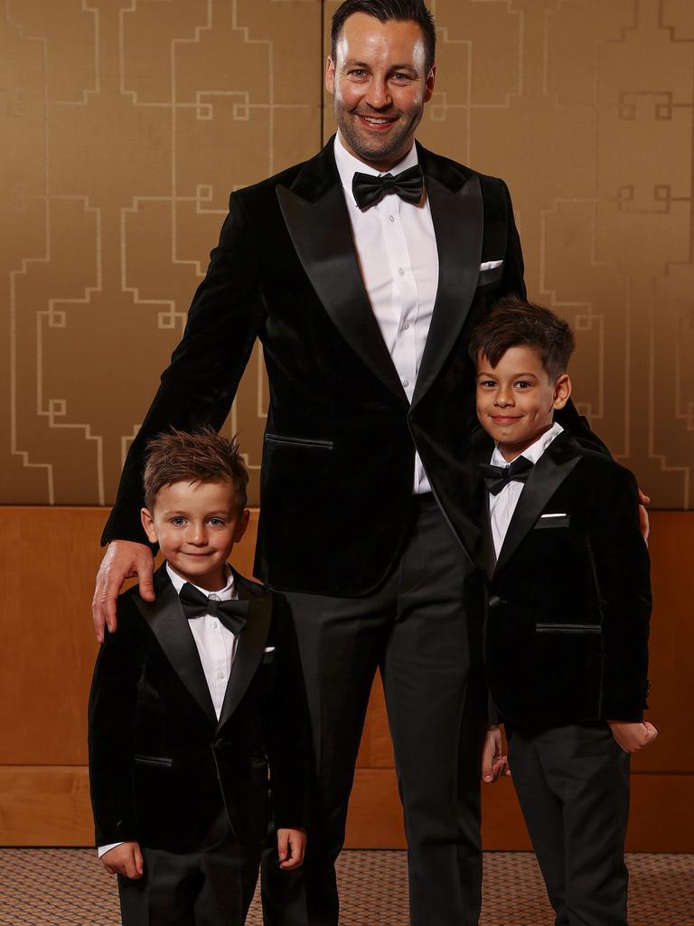 Jimmy Bartel with his sons Henley and Aston when he was inducted into the AFL Hall of Fame. Photo by Michael Klein.