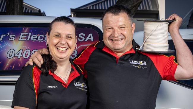 Fraser Neill, 49, with his wife Amanda, has been crowned South Australia's best sparky. Picture: Emma Brasier