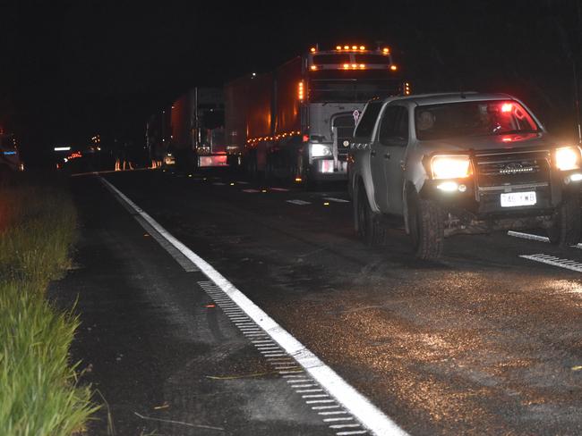 Traffic is banked up on the Bruce Highway after a horrific crash between a ute and a truck north of Koumala. Picture: Lillian Watkins