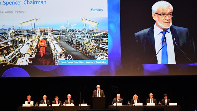 Santos chairman Keith Spence addresses the Santos AGM in Adelaide. Picture: AAP