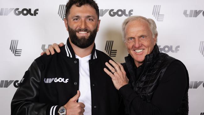 Two-time major winner and the reigning Masters champion, Jon Rahm and LIV Golf Commissioner and CEO Greg Norman pose for a photo during a LIV Golf announcement at the Park Hyatt New York on Dec. 7, 2023 in New York, New York. (Photo by Scott Taetsch/LIV Golf)