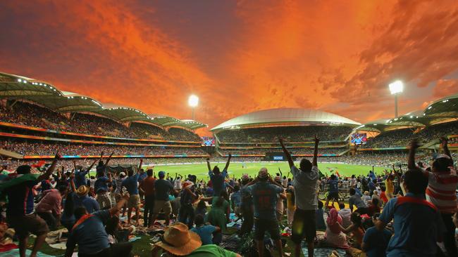 Indian fans in the crowd celebrate as a Pakistan wicket falls as the sun sets during the 2015 ICC Cricket World Cup match between India and Pakistan at Adelaide Oval. Picture: Getty Images