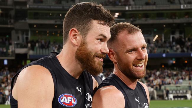 Mitch McGovern, pictured left with Sam Docherty, could yet be part of the Blues’ finals assault. Picture: Getty Images