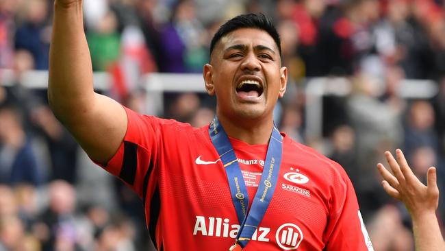 NEWCASTLE UPON TYNE, ENGLAND - MAY 11: Will Skelton of Saracens celebrates victory after the Champions Cup Final match between Saracens and Leinster at St. James Park on May 11, 2019 in Newcastle upon Tyne, United Kingdom. (Photo by Dan Mullan/Getty Images)