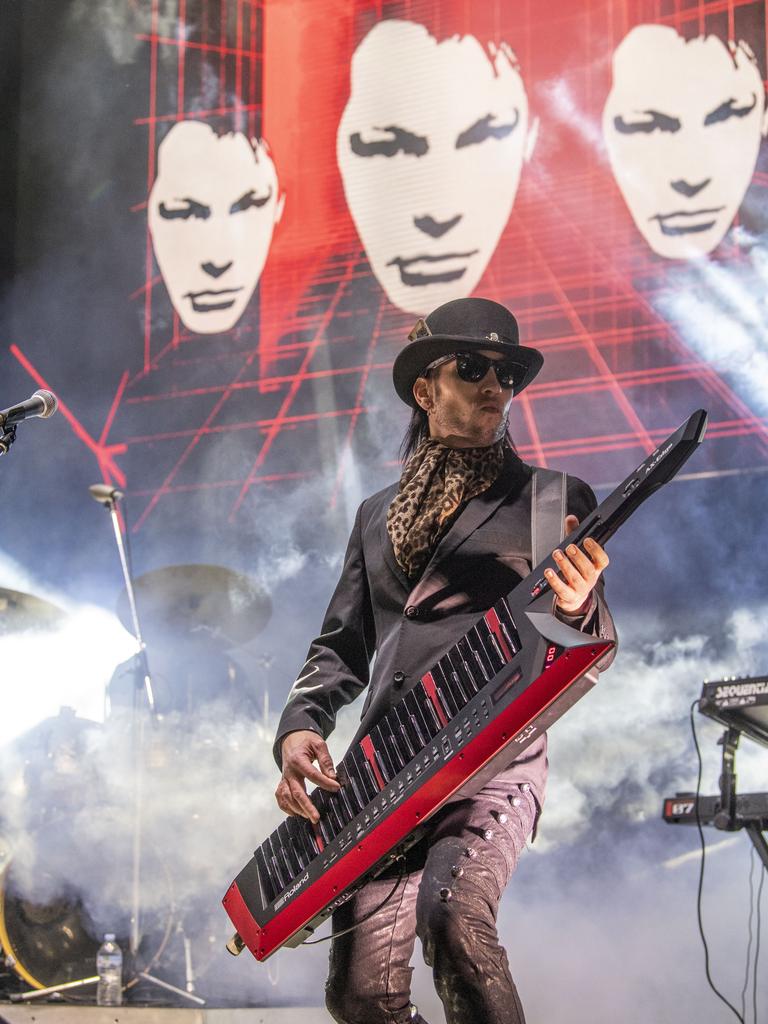 Matty Ray from Pseudo Echo plays keytar at the Toowoomba Carnival of Flowers Festival of Food and Wine. Saturday, September 10, 2022. Picture: Nev Madsen.