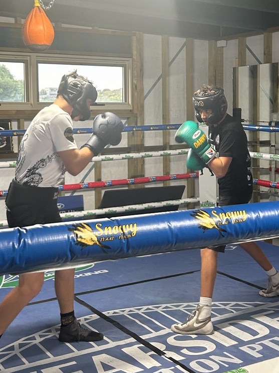 Archie (R) sparring as he pushes his old man to let him kick off his boxing career. Picture: Supplied