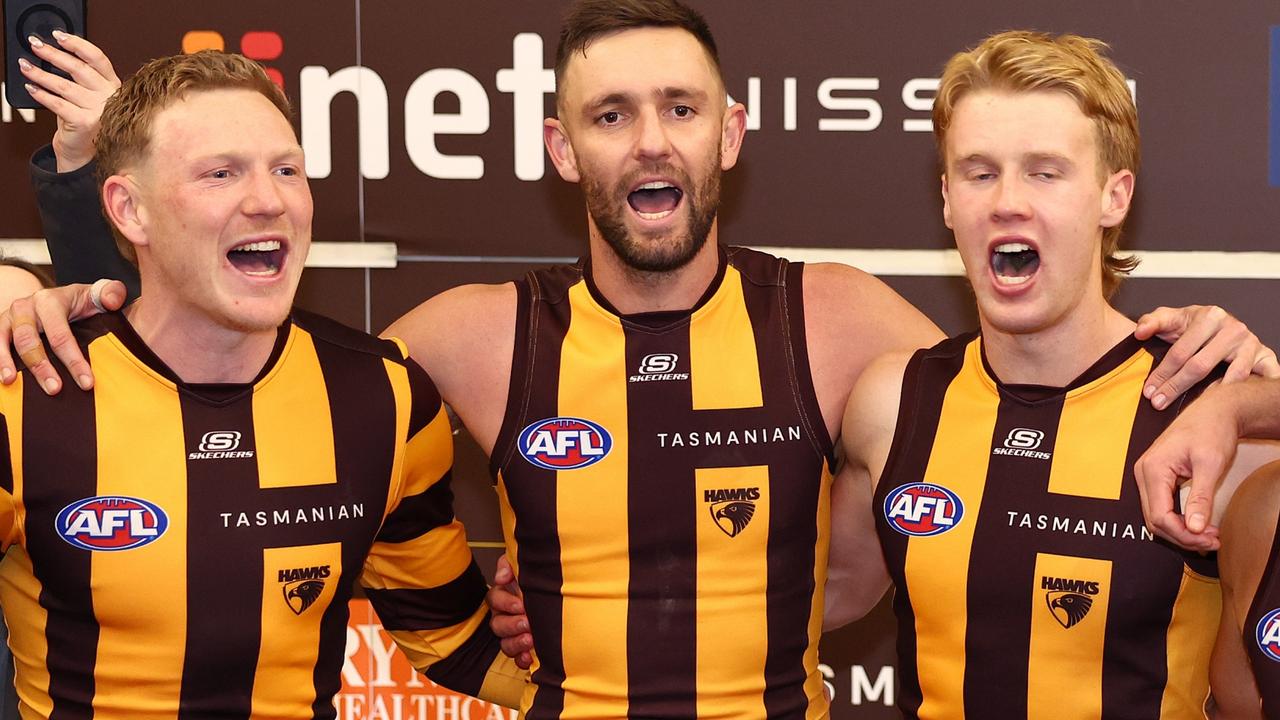 Jack Gunston (centre) will be delisted by Hawthorn in a list management move being used by all clubs. Picture: Quinn Rooney/Getty Images