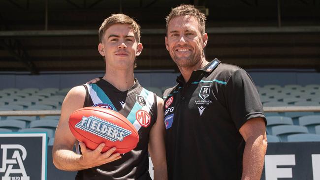 Taj and Jarrad Schofield after Taj was taken by Port Adelaide as a father-son rookie. Picture: PAFC