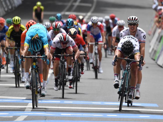 Peter Sagan from team Bora Hansgrohe wins stage three of the Tour Down Under from Lobethal to Uraidla in South Australia, Thursday, January 17, 2019. (AAP Image/David Mariuz) NO ARCHIVING, EDITORIAL USE ONLY