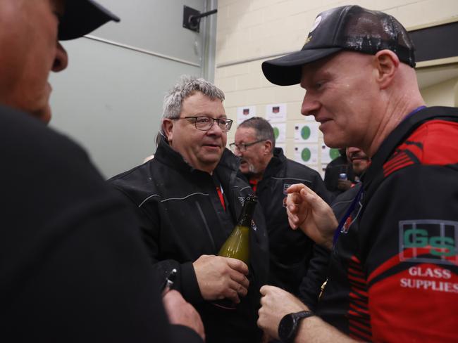 Outgoing North Launceston president Thane Brady and coach Adrian Smith celebrate the TSL grand final win over Lauderdale. Picture: Nikki Davis-Jones