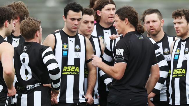 TSL. Glenorchy coach Paul Kennedy addresses his players during quarter time of last week’s match against Launceston. Picture: NIKKI DAVIS-JONES