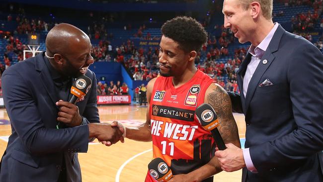 Williams interviewing Wildcat Bryce Cotton in 2019. Picture: Getty