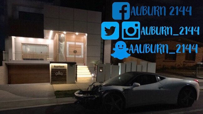 Salim Mehajer's smashed up Ferrari outside his Lidcombe home. Picture: Auburn_2144