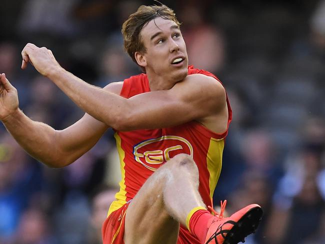 Tom Lynch of the Suns is seen in action during the Round 2 AFL match between the Carlton Blues and the Gold Coast Suns at Etihad Stadium in Melbourne, Saturday, March 31, 2018. (AAP Image/Julian Smith) NO ARCHIVING, EDITORIAL USE ONLY