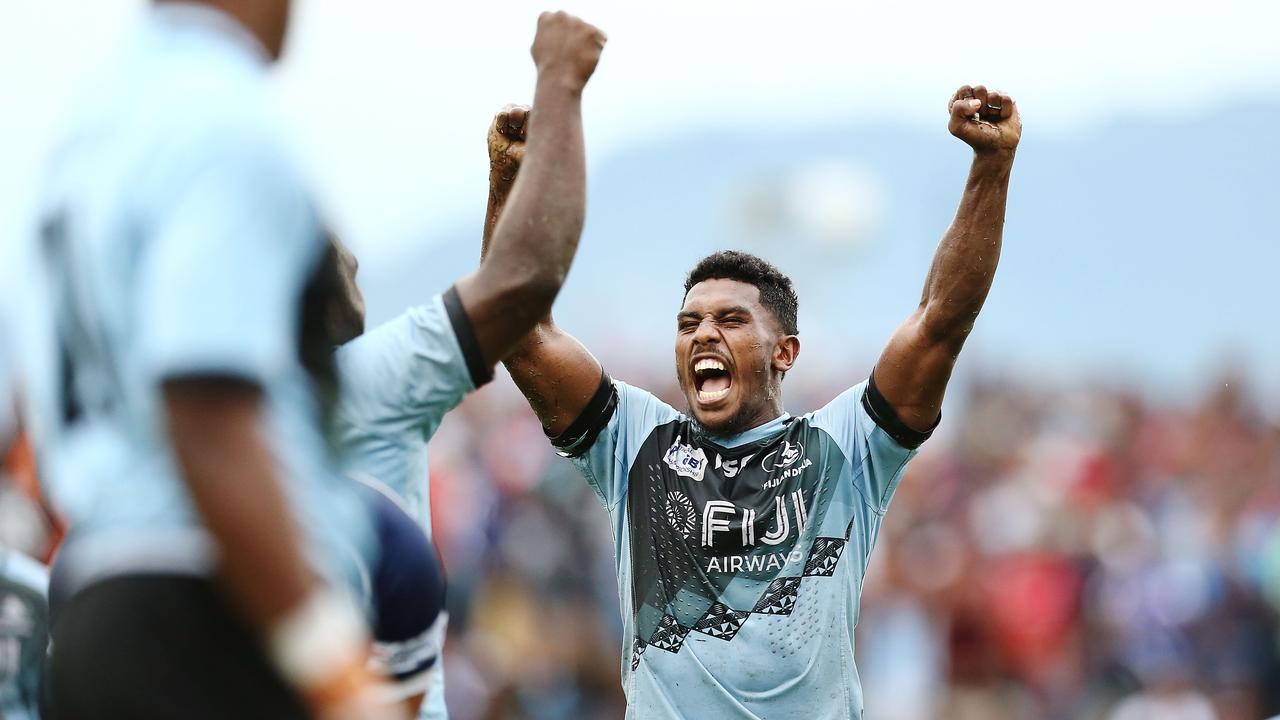 Frank Lomani of Fijian Drua celebrates at the final whistle at Churchill Park.