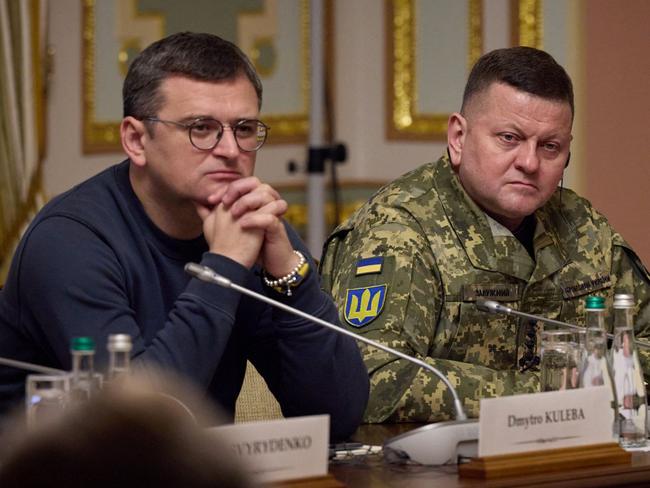 Ukrainian foreign minister Dmytro Kuleba, left, with Ukraine armed forces commander Valerii Zaluzhnyi. Picture: Ukrainian Presidential Press Service/AFP